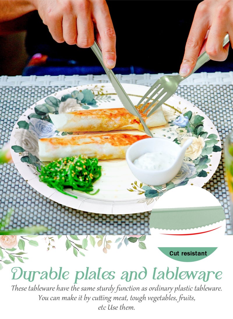 HomarKet 200PCS Disposable Dinnerware Set,25 Guest Party Supplies Dinner Set Include Paper Plates Napkin Cup Straw Plastic Spoon Fork Knive for Baby Shower,Wedding,Birthday (Elegant leaves&Flowers) - Image 4